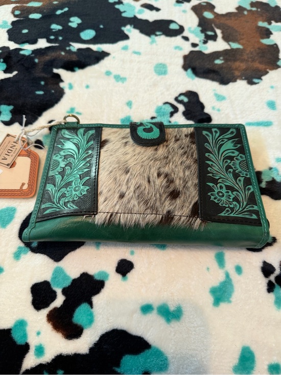 Handbags - Green Tooled Leather & Cowhide Clutch Wallet